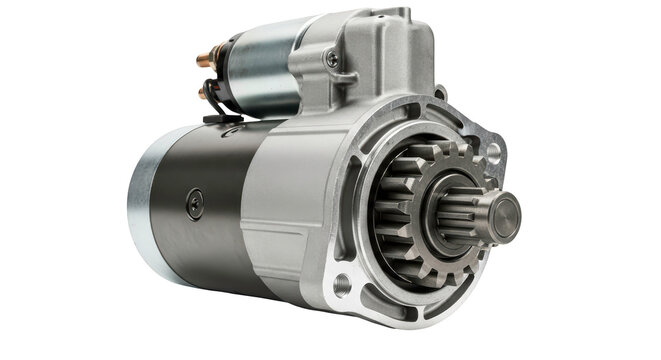 Clean silver metallic engine starter motor assembly component, isolated on a transparent background PNG for vehicle repair (इंजन स्टार्टर)