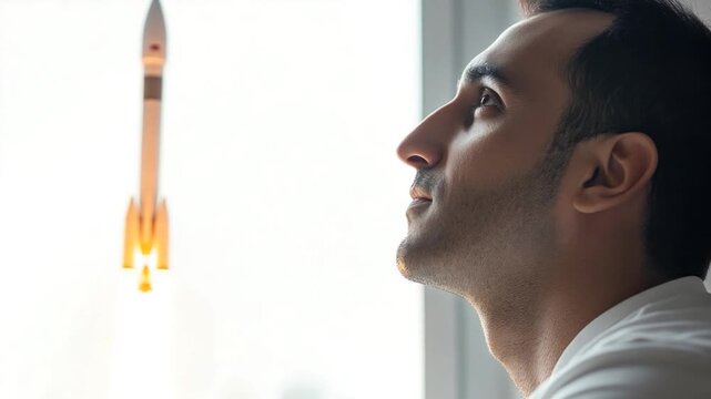 Footage A man stands by a window, gazing outside while a rocket can be seen in the background