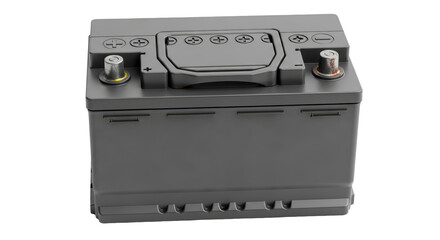 Fototapeta premium Automotive lead-acid starter battery with visible terminals, isolated on a transparent background PNG for car service (कार बैटरी)