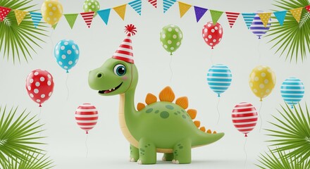 Obraz premium A cute green dinosaur wearing a party hat stands among colorful balloons and festive banners. Perfect for birthday invitations, kids party themes, or celebration designs for young children.