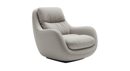 Minimalist grey upholstered swivel armchair with a low, curved profile, isolated on a transparent background PNG (घूमने वाली कुर्सी)