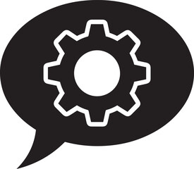 Black speech bubble icon with white gear symbol inside representing communication and mechanics chat bubble