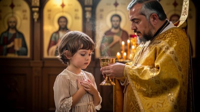Priest administering Holy Communion to a young girl in an Orthodox church. Child receiving the sacrament with hands crossed over chest. Religious faith and tradition concept