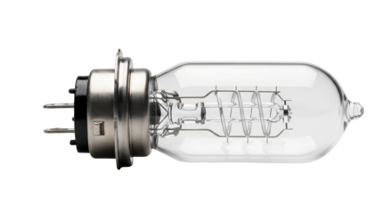 Vintage industrial clear glass radio tube or electronic vacuum valve, isolated on a transparent background PNG for retro technology (रेडियो वाल्व)