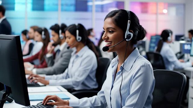 Indian customer service agent working in a busy call center. Female representative with headset talking to a client while typing on a computer. Business communication concept