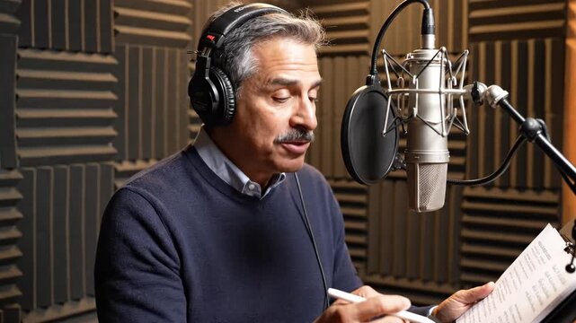 Middle-aged man recording a voiceover in a professional studio. Podcaster reading a script and speaking into a microphone with headphones. Audio production concept