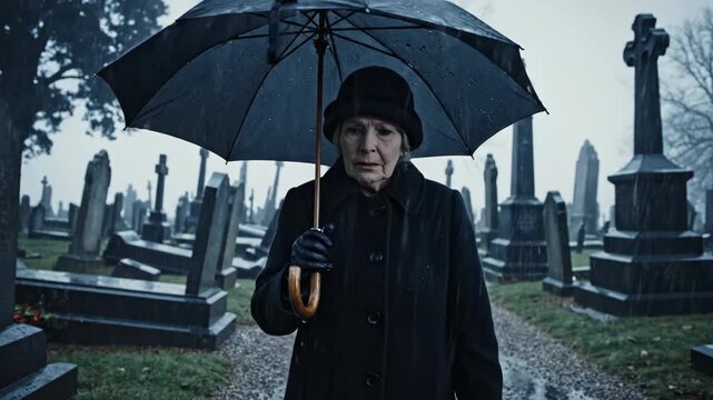 Elderly woman mourning in a rainy cemetery holding a black umbrella. Sad senior widow standing alone among gravestones in the mist. Concept of grief and loss