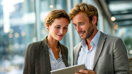 Two colleagues, a man and a woman, collaborate and look at a digital tablet device in a modern office space. Professional discussion.