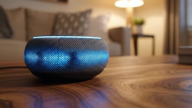 Close-up of a smart speaker activating with a glowing blue light on a wooden table. Digital voice assistant listening to a command in a cozy living room. Smart home AI technology concept