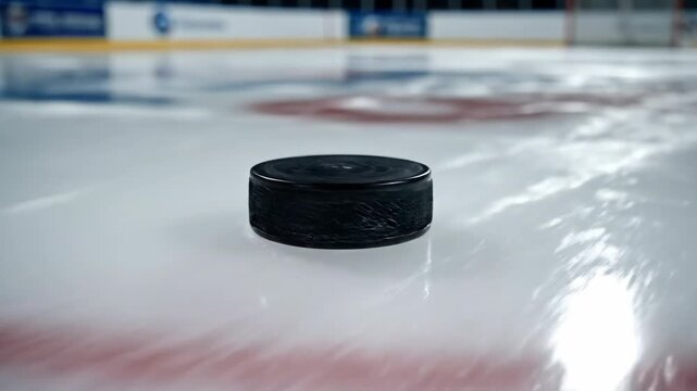 Close-up of a black ice hockey puck sliding on the ice rink. Low angle sports footage of a puck gliding across the surface. Winter sport game concept
