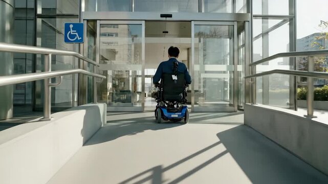 Rear view of a person in an electric wheelchair driving up an accessibility ramp. Entering a modern building through automatic glass doors on a sunny day. Disability and mobility concept