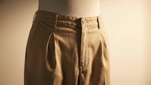 A fashion illustration of pleated pants comes to life. The drawing transforms into real beige trousers on a mannequin.
