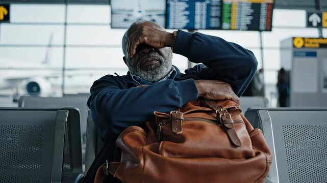 Tired senior African American man waiting at airport terminal. Stressed traveler with headache sitting with backpack during flight delay. Travel fatigue concept