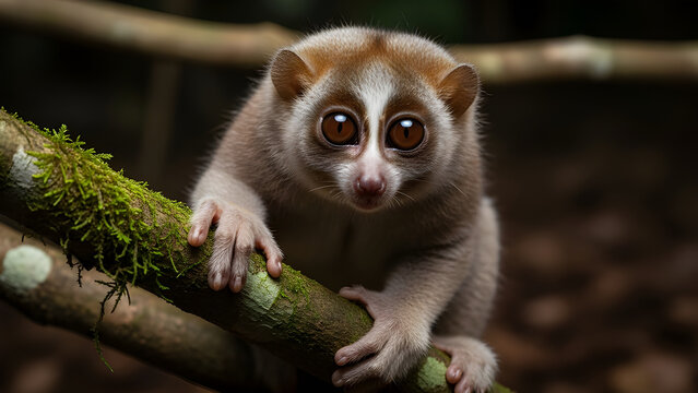 Slow loris in intimate low-light forest environment with expressive eyes. Isolated on White background