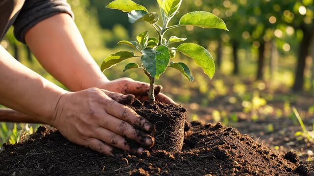 Hands planting a young tree sapling in fertile soil during sunset. Gardener cultivating a seedling in an orchard. Environmental sustainability and growth concept