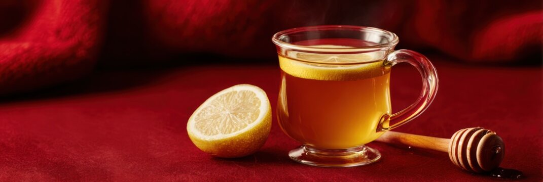 Hot lemon tea with honey dipper and fresh lemon on a red background - Powered by Adobe