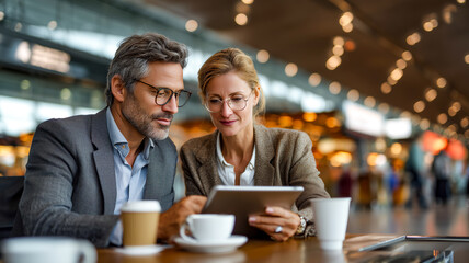 Professional colleagues collaborate over a tablet, strategizing their goals with coffee. Teamwork in progress while travelling.