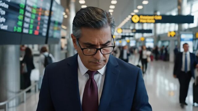Serious businessman checking flight schedule in airport terminal with data reflection in glasses. Middle-aged corporate traveler adjusting eyewear while walking. Business travel concept