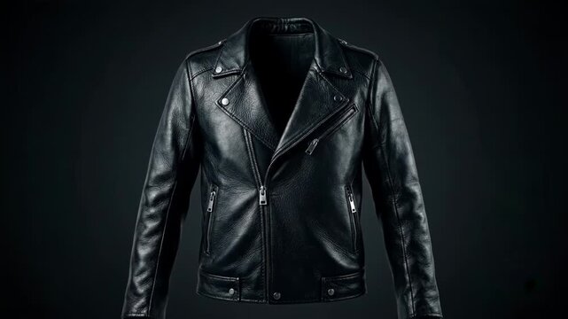 A line drawing of a leather jacket transforms into a realistic black one. The stylish biker jacket appears with detailed textures and a dark background.