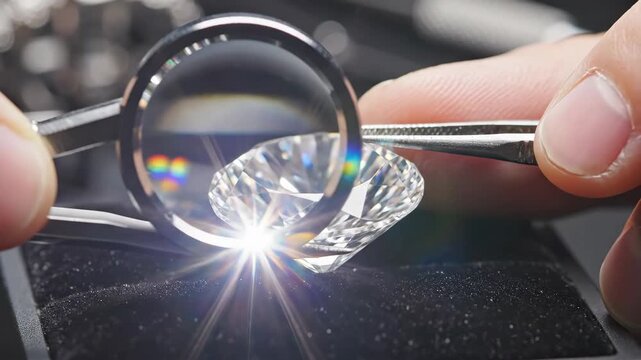 Jeweler inspecting a brilliant cut diamond with a magnifying loupe. A gemologist appraising a large gemstone for quality and clarity. Luxury and wealth concept