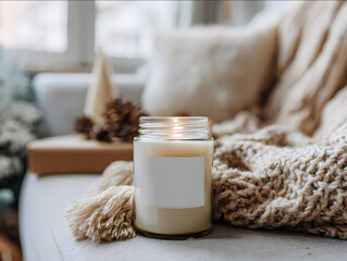 lit clear glass jar candle with empty white label on coffee table next to sofa with beige blanket Christmas decor subtly visible in background golden hour light throu