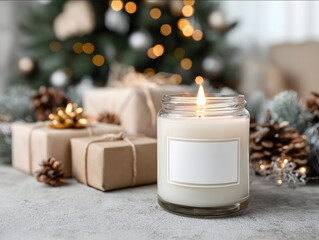 close up photo of a cozy mockup of a lit clear jar candle with a white empty label below the Christmas tree with wrapped present boxes and Christmas lights scattered