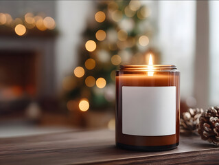 amber glass candle with blank white label on walnut cabinet glowing fairy lights in background with Christmas tree and a family gathered together cozy atmosphere with