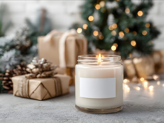 close up photo of a cozy mockup of a lit clear jar candle with a white empty label below the Christmas tree with wrapped present boxes and Christmas lights scattered