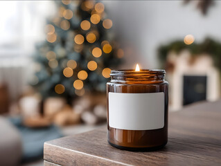 amber glass candle with blank white label on walnut cabinet glowing fairy lights in background with Christmas tree and a family gathered together cozy atmosphere with