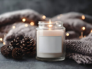 lit clear glass jar candle with white blank label glowing in dark cozy setting surrounded by fairy lights pinecones and wool blanket cinematic warm contrast photoreal