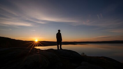 Fototapeta premium Person silhouetted by the setting sun, gazing across a serene lake from rocky vantage point
