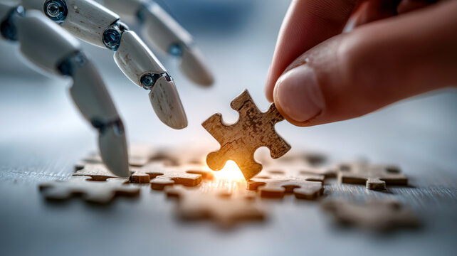 A human hand places a puzzle piece near a robot hand, symbolizing collaboration between artificial intelligence and human problem-solving.