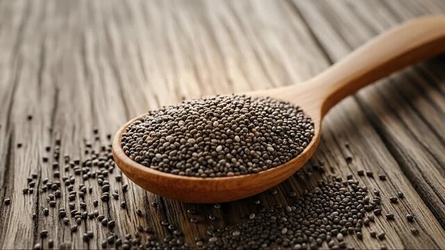 A close-up shot elegantly showcases a wooden spoon brimming with numerous tiny chia seeds, resting on a textured, rustic wooden surface. A scattering of seeds lies around the spoon, emphasizing the na