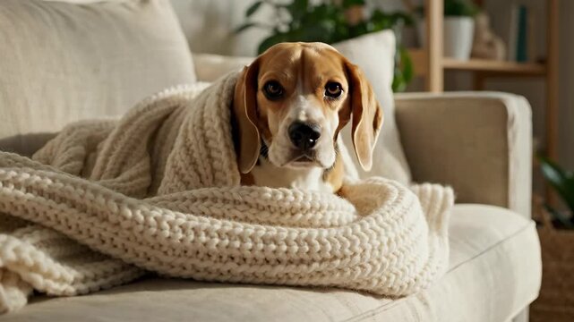A cute beagle dog peeks out from under a cozy knitted blanket on a couch. Adorable pet relaxing in a warm and comfortable home. Domestic animal lifestyle