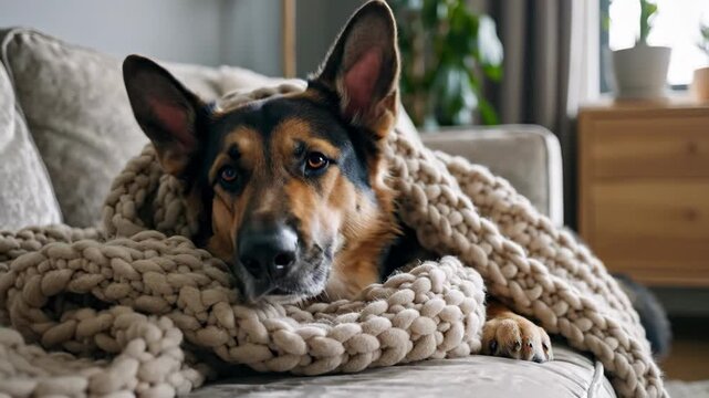 A cozy German Shepherd dog relaxing under a warm blanket on a couch. Cute pet snuggling in a chunky knit throw at home. Domestic animal comfort and lifestyle