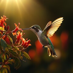 Fototapeta premium Hummingbird in golden sunlight feeding on delicate red-orange flowers flying photo