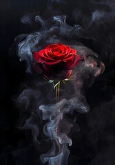 Smoldering Red Rose on Black Background with Ethereal Smoke