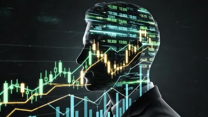Double exposure of a businessman with glowing stock market charts. Financial data analysis showing economic growth and investment. FinTech and business intelligence concept - Powered by Adobe