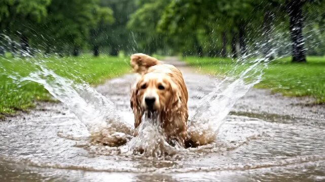 Happy Golden Retriever dog running and jumping into a puddle with a big splash. Playful pet having fun in the mud in slow motion. Joyful animal in a park