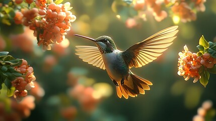 Hummingbird with glowing wings in sunlit garden surrounded by flowers feeding nectar photo