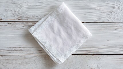 Obraz premium Clean white paper napkin folded neatly on a rustic distressed white wooden table surface