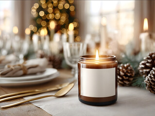 amber glass candle with blank white label on holiday dining table with linen napkins gold cutlery pinecones eucalyptus and Christmas garland glowing fairy lights in b