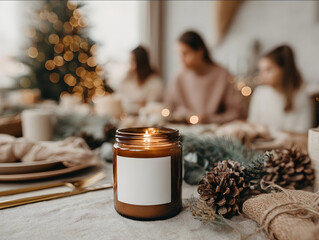 amber glass candle with blank white label on holiday dining table with linen napkins gold cutlery pinecones eucalyptus and Christmas garland glowing fairy lights in b