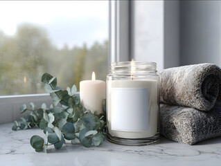 9z clear glass jar candle with empty white label glowing beside rolled towels and eucalyptus leaves marble countertop candle softly glowing misty window light calm lu