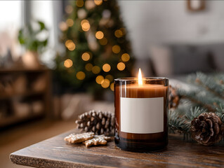 lit amber glass candle with empty white label on coffee table with pinecones gingerbread cookies and a Christmas tree glowing in background cozy interior lighting cin