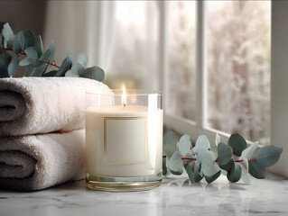 9z clear glass jar candle with empty white label glowing beside rolled towels and eucalyptus leaves marble countertop candle softly glowing misty window light calm lu