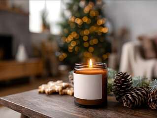 lit amber glass candle with empty white label on coffee table with pinecones gingerbread cookies and a Christmas tree glowing in background cozy interior lighting cin