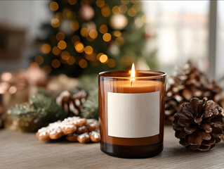 lit amber glass candle with empty white label on coffee table with pinecones gingerbread cookies and a Christmas tree glowing in background cozy interior lighting cin