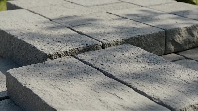 A close-up view reveals numerous rough, grey paving stones neatly arranged outdoors, bathed in dappled sunlight. The textured surfaces of these rectangular concrete blocks are beautifully accentuated 