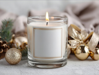 9oz clear glass jar candle with empty white label burning on matte beige background with gold Christmas ornaments ribbon and pine needles minimalist luxury branding s